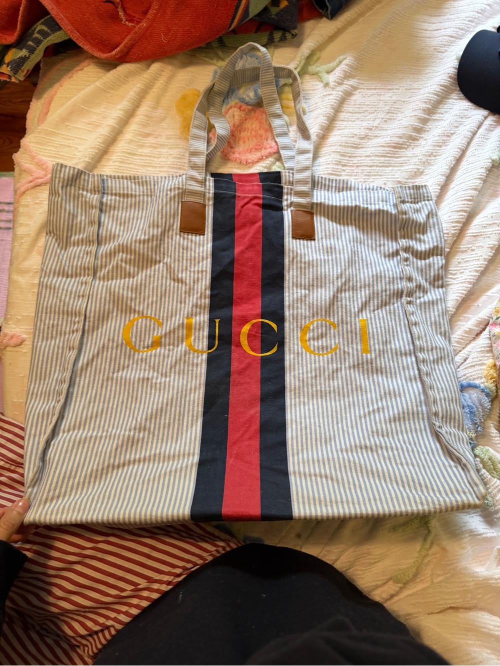 Gucci Blue-White Pinstripe Tote with Red & Navy Center Stripe